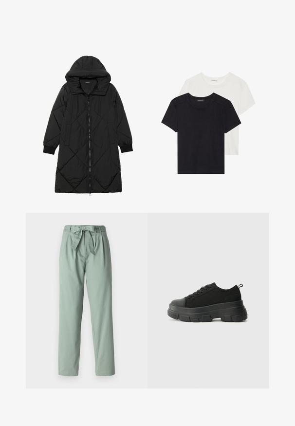 Geacă puffer neagră, matlasată, cu glugă, având închidere cu fermoar, buzunare laterale și manșete elastice. Material neted, rezistent la apă.; Două tricouri cu mânecă scurtă, în negru și alb. Fabricate din bumbac moale, cu guler rotund și o croială standard, având detalii minime de cusătură.; Pantaloni verzi deschis, cu talie înaltă, pliuri frontale și o curea legată în talie. Confecționați dintr-un material neted și ușor. Croială dreaptă a piciorului.; Adidași negri cu talpă groasă din cauciuc, superior din material texturat, bot rotund și design cu șireturi. Include gauri întărite pentru șireturi și o buclă pe spate.