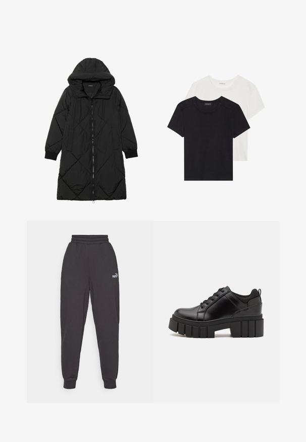 Černá prošívaná péřová bunda s kapucí, vybavená zipovým zapínáním, bočními kapsami a elastickými manžetami. Hladká, voděodolná tkanina.; Dvě trička s krátkým rukávem v černé a bílé barvě. Vyrobena z měkké bavlny, mají kulatý výstřih a standardní střih s minimálními švy.; Tmavě šedé tepláky mají uvolněný střih, elastický pás a žebrované manžety. Na levé noze je viditelné malé bílé logo Puma.; Černé kožené platformové boty s masivním blokovým podpatkem, kulatou špičkou a tradičním šněrováním. Mají hladký povrch a minimální detaily.