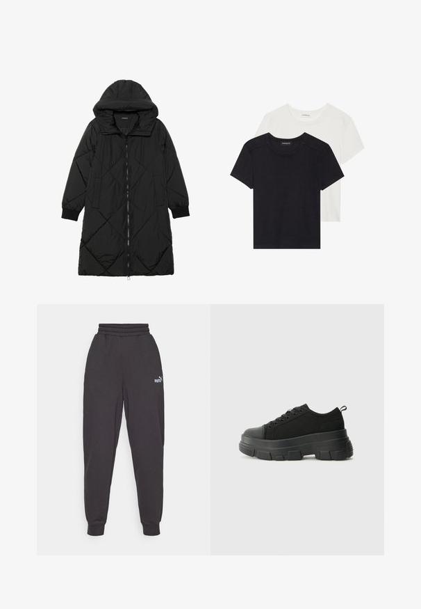 Černá prošívaná péřová bunda s kapucí, vybavená zipovým zapínáním, bočními kapsami a elastickými manžetami. Hladká, voděodolná tkanina.; Dvě trička s krátkým rukávem v černé a bílé barvě. Vyrobena z měkké bavlny, mají kulatý výstřih a standardní střih s minimálními švy.; Tmavě šedé tepláky mají uvolněný střih, elastický pás a žebrované manžety. Na levé noze je viditelné malé bílé logo Puma.; Černé tenisky s robustní gumovou podrážkou, vrchní část z texturované tkaniny, kulatá špička a šněrovací design. Obsahují zesílené okraje pro tkaničky a poutko na zadní straně.