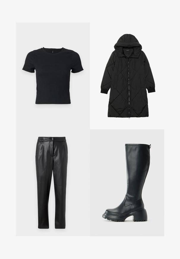 Crna tkanina sa štepom puffer kaput s kapuljačom, sa zatvaračem na zip, bočnim džepovima i elastičnim manžetama. Glatka, vodootporna tkanina.; Crna majica kratkih rukava s teksturiranim materijalom i okruglim izrezom. Prilagođenog kroja, suptilan uzorak i dužina do struka.; Crne kožne hlače s glatkom teksturom, ravnog kroja, elastičnim pojasom i prednjim kopčanjem na dugme; nabran detalj i suženi nogavič.; Visoke crne kožne čizme s debelim platformskim đonom i blok petom, s patentom za povlačenje i teksturiranim uzorkom na potplatu.