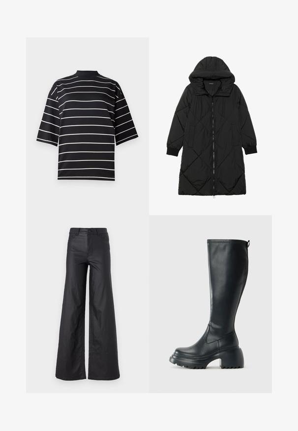 Juodas siūtais pūkų paltas su gobtuvu, turintis užtrauktuką, šonines kišenes ir elastines rankoves. Lygus, vandeniui atsparus audinys.; Juodas marškinėliai trumpomis rankovėmis su baltomis horizontaliomis juostelėmis. Pasižymi aukšta apykakle ir laisvu siluetu, pagaminti iš lygios, elastingos medžiagos.; Juodos, plačios kelnės iš dirbtinės odos. Yra aukštas liemuo, kilpelės diržui, dvi priekinės kišenės ir siuvinėti detalėmis.; Ilgas juodos odinės batai su masyvi platforma ir stačiakampiu kulnu, turintys traukimo kilpą ir tekstūruotą pado raštą.