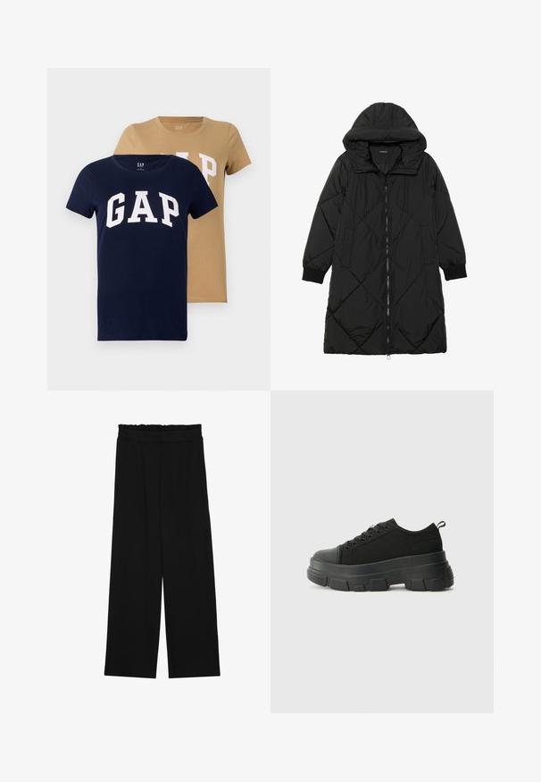 Svart quiltet puffjakke med hette, med glidelås, sidelommer og elastiske mansjetter. Glatt, vannavvisende stoff.; To skjortermede T-skjorter i marineblå og beige farger, laget av bomull. Begge har en stor hvit "GAP"-logo foran.; Svarte vide bukser med rynket liv, med to sidelommer og et glatt, lett stoff. Ingen synlige mønstre eller metalldeler.; Svarte sneakers med en kraftig gummisåle, teksturert stoffoverdel, rund tå og snøring. Har forsterkede snørehull og bakre trekkstang.