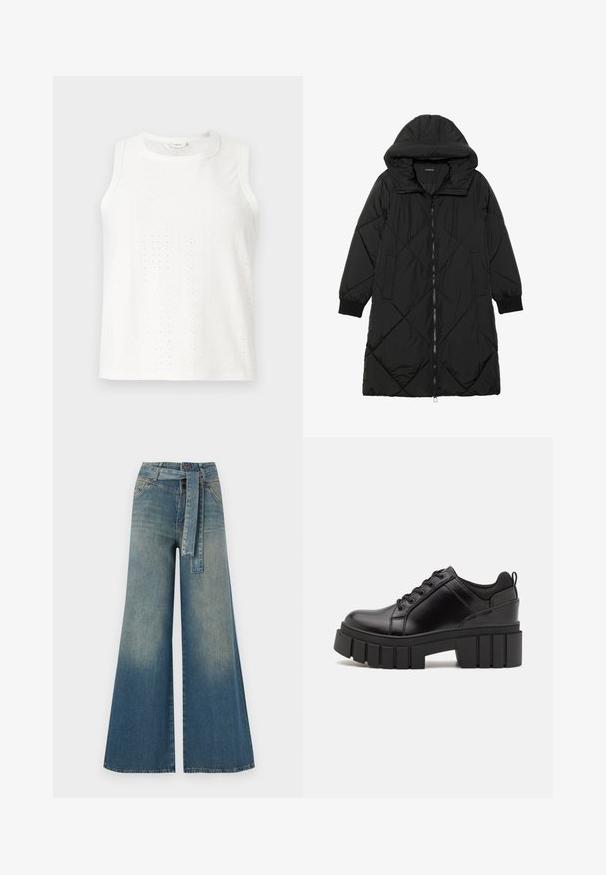 Fekete steppelt pufi kabát kapucnival, cipzáras záródással, oldalsó zsebekkel és elasztikus mandzsettákkal. Simább, vízlepergető anyag.; Fehér ujjatlan felső, szemcse mintákkal, kerek nyakkivágással és egyenes fazonnal. Könnyű anyagból készült, sima tapintással.; Bőszárú farmernadrág, világos és sötétkék árnyalatokkal, magas derekú, övgyűrűkkel és a nadrággal megegyező anyagú övvel. Textúrált farmer kivitel.; Fekete bőr platform cipők vaskos blokk sarkakkal, kerek orral és hagyományos fűzős kialakítással. Simára csiszolt felület és minimális részletezés jellemzi.