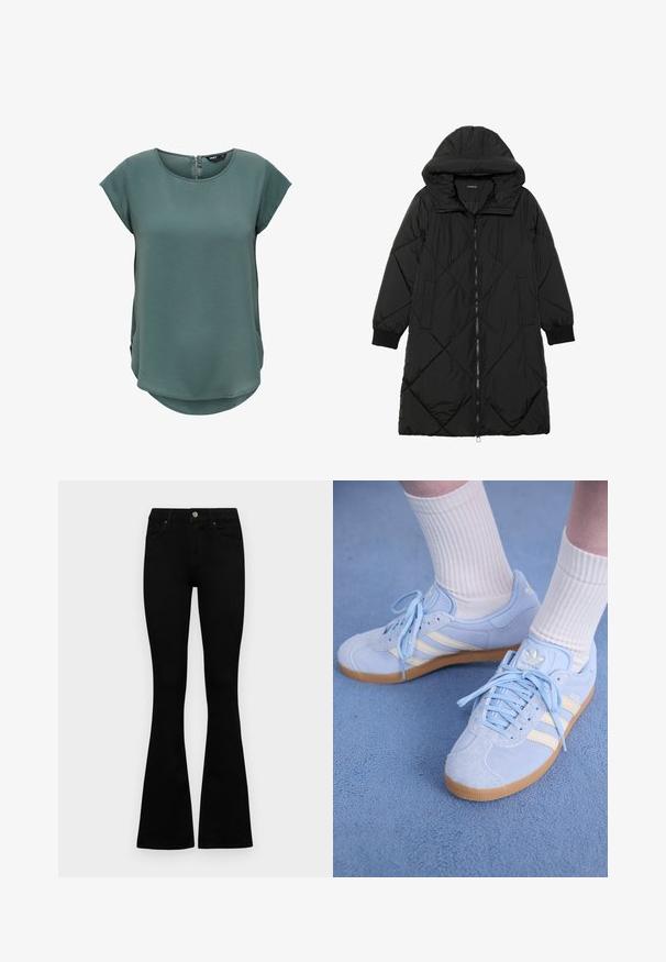 Must-havesinise mustris quiltitudis puffer jakk, millel on kapuuts, tõmblukk, küljetaskud ja elastsed varrukad. Sile, veekindel kangas.; Roheline lühikese varrukaga topp, mis on valmistatud tekstuursest kangast. Omab ümmargust kaelust ja diskreetset tõmbluku sulgemist taga, kergelt kaarduv alläär.; Mustad kõrge vöökohtadega teksad, millel on nööp ja lukuga sulgemine, esikäe taskud ja laienevad sääred, asetatud tasasele valgele taustale.; Heledad sinine seemisneakerid valgete triipudega, lamedate paeltega ja kaaliumkummist tallaga. Valged soonikkoes sokid on kantud üle pahkluude.