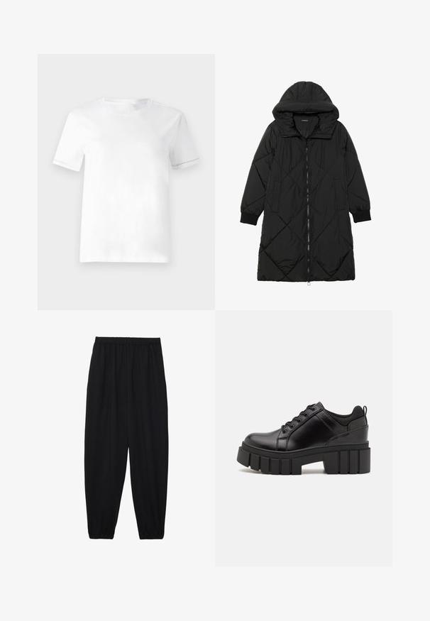 Manteau matelassé noir avec capuche, doté d'une fermeture éclair, de poches latérales et de poignets élastiques. Tissu lisse et résistant à l'eau.; T-shirt en coton blanc à manches courtes et col rond. Présente un design simple avec une texture lisse et sans motifs ni accents visibles.; Pantalons noirs légers avec une taille élastique et des chevilles froncées. Le tissu est lisse et présente un design décontracté et fuselé.; Chaussures à plateforme en cuir noir avec un talon bloc épais, bout rond et un design traditionnel à lacets. Elles présentent une texture lisse et un détail minimal.