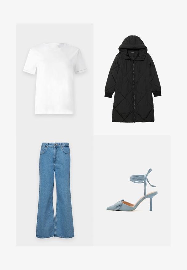 Fekete steppelt pufi kabát kapucnival, cipzáras záródással, oldalsó zsebekkel és elasztikus mandzsettákkal. Simább, vízlepergető anyag.; Fehér pamut póló rövid ujjakkal és kerek nyakkivágással. Egyszerű dizájnnal rendelkezik, sima textúrával, látható minták vagy díszítések nélkül.; Világoskék, trapézszárú farmernadrág, magas derékkal, öt zsebbel és egy gombos záródással. Puha tapintású, magasított effektusú anyag.; Hegyes orrú magassarkú cipő világoskék szövetből, texturált felülettel, masnis díszítéssel és bokapánttal a biztos illeszkedésért.