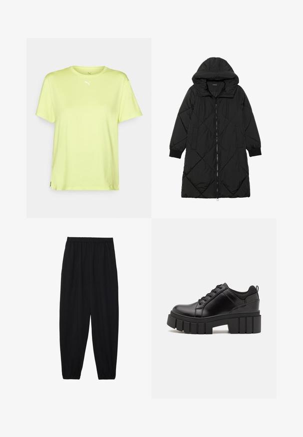 Melnas quiltētas pūkara mētelis ar kapuci, ar rāvējslēdzēja aizdari, sānu kabatām un elastīgām aprocēm. Gluda, ūdensizturīga auduma.; Spilgti dzeltena īsām piedurknēm t-krekls, izgatavots no viegla materiāla. Ar apaļu kakla izgriezumu un mazu balto logotipu krūtīs.; Melnas, vieglas bikses ar elastīgu jostu un savilktiem potītiem. Audums ir gluds un to raksturo brīva, sašaurināta forma.; Melnas ādas platformas kurpes ar masīvu bloku papēdi, apaļu purngalu un tradicionālu saistīšanas dizainu. Izceļas ar gludu tekstūru un minimālu apdari.