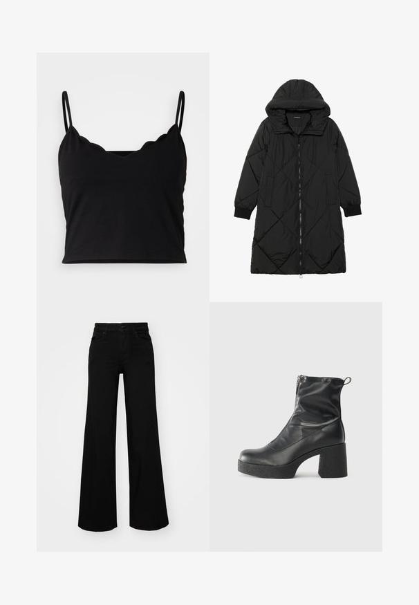 Černá prošívaná péřová bunda s kapucí, vybavená zipovým zapínáním, bočními kapsami a elastickými manžetami. Hladká, voděodolná tkanina.; Even&Odd Top - black; Černé široké kalhoty vyrobené z denimu, s pevným pasem, poutky na opasek a předními kapsami. Hladká textura s klasickým designem.; Černé kotníkové boty vyrobené z hladké kůže, s bočním zipem, robustním strukturovaným podpatkem a kulatou špičkou.