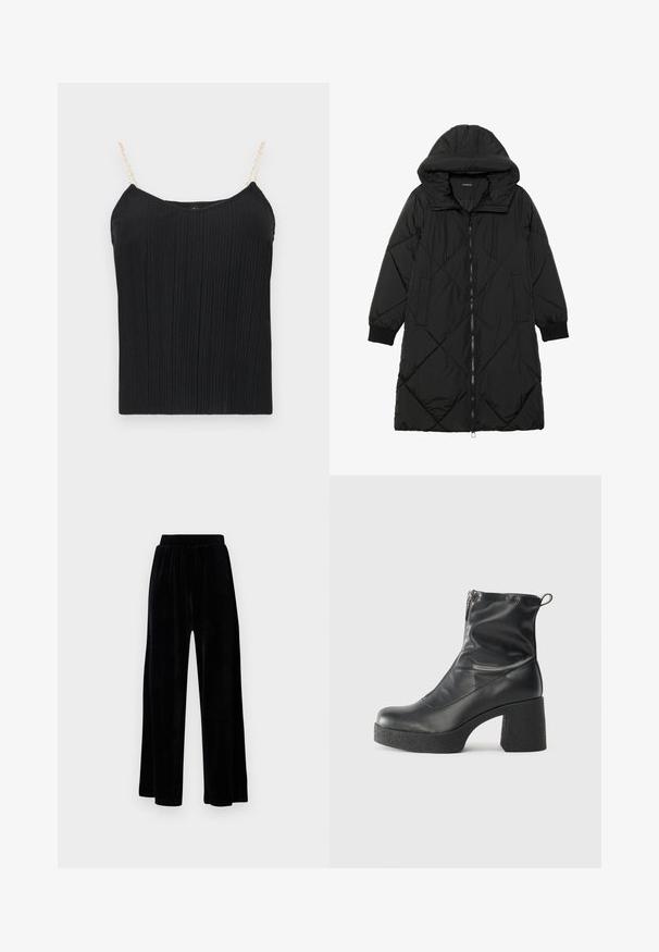 Črna prešita puffer jakna s kapuco, ki ima zadrgo, stranske žepe in elastične manšete. Gladek, vodoodporen material.; Črna rebrasta majica brez rokavov z tankimi, verižastimi naramnicami. Tkanina ima rahlo teksturiran zaključek, kar nudi prilegajoč silhueto.; Črne široke hlače iz mehkega žameta, z elastičnim pasom in gladko teksturo, brez vidnih detajlov ali vzorcev.; Črne gležnjarje iz gladke kože z božnim zadrgo, masivnim teksturiranim peto in zaobljeno obliko prstov.