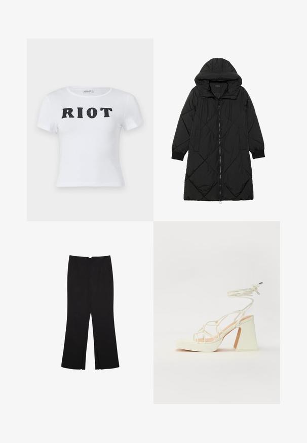 Černá prošívaná péřová bunda s kapucí, vybavená zipovým zapínáním, bočními kapsami a elastickými manžetami. Hladká, voděodolná tkanina.; Bílý tričko s krátkým rukávem a kulatým výstřihem, na přední straně s nápisem "RIOT" v tučných černých písmenech. Měkký bavlněný materiál.; Černé kalhoty s rovným střihem, s předními kapsami a bočními rozparky na lemu. Vyrobené z jemné, hladké tkaniny. Vhodné na různé příležitosti.; Bílé sandály na vysokém podpatku s robustním podpatkem, s designem s pásky a zavazováním kolem kotníku. Hladký povrch s platformou vpředu pro zvýšení výšky.