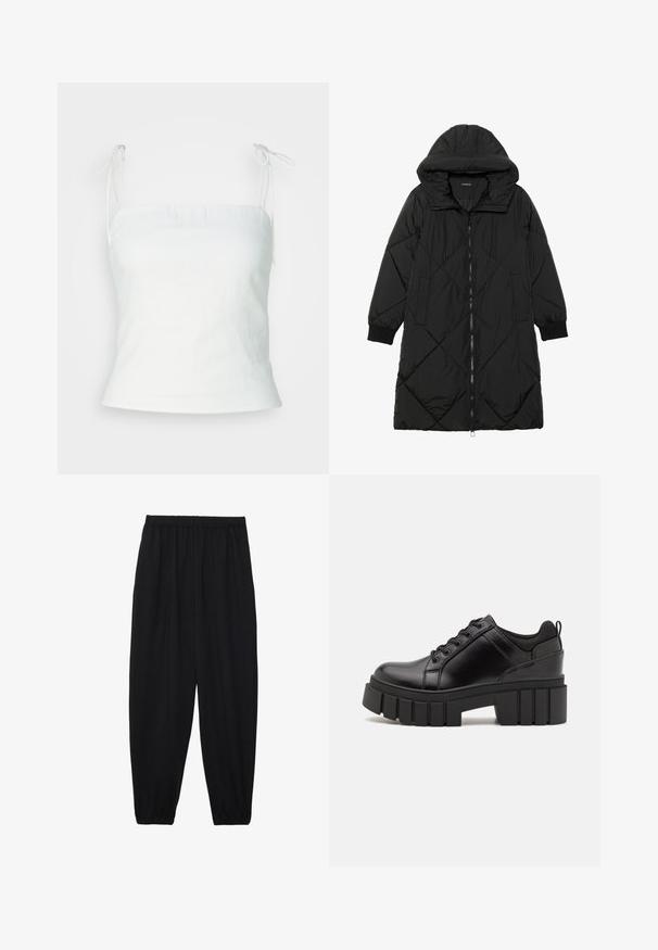 Cappotto imbottito nero trapuntato con cappuccio, caratterizzato da chiusura con zip, tasche laterali e polsini elastici. Tessuto liscio e resistente all'acqua.; Camisola bianca in lino con spalline regolabili, corsetto aderente e leggero svaso all'orlo. Texture liscia con un design minimalista.; Pantaloni neri leggeri con vita elastica e caviglie arricciate. Il tessuto è liscio e presenta un design rilassato e affusolato.; Scarpe platform in pelle nera con tacco a blocco robusto, punta rotonda e design tradizionale con lacci. Presentano una superficie liscia e dettagli minimi.