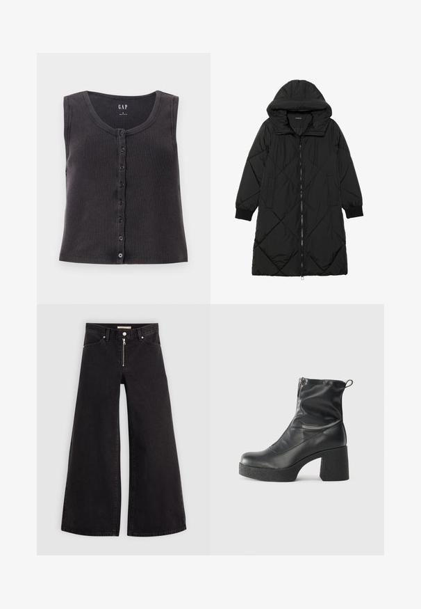 Schwarze, gesteppten Puffermantel mit Kapuze, ausgestattet mit einem Reißverschluss, seitlichen Taschen und elastischen Bündchen. Glattes, wasserabweisendes Material.; Dunkelgraues, geripptes, ärmelloses Oberteil mit rundem Ausschnitt und einer Knopfleiste. Das Design weist eine subtile Textur auf und hat sechs schwarze Knöpfe.; Schwarze Denim-Jeans mit weitem Bein, Reißverschluss vorne, Fünf-Taschen-Design und dezenten Stickdetails. Glatte Textur und lässiger Stil.; Schwarze Stiefeletten aus glattem Leder mit seitlichem Reißverschluss, klobigem strukturiertem Absatz und runder Zehenform.