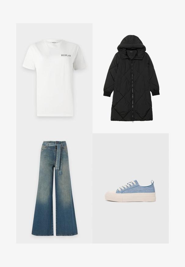 Svart quiltet puffjakke med hette, med glidelås, sidelommer og elastiske mansjetter. Glatt, vannavvisende stoff.; Hvit bomulls t-skjorte med korte ermer og rund hals, med en liten svart "REPLAY"-logo på venstre brystområde. Glatt tekstur.; Bredde ben jeans med en lyseblå til mørkeblå gradient, høyt liv, beltehemper og et matchende belte i samme stoff. Teksturert denimoverflate.; Lys blå canvastøfler med en kremfarget gummitupp og yttersåle, med hvite snørebånd og en løfteløkke på hælen.