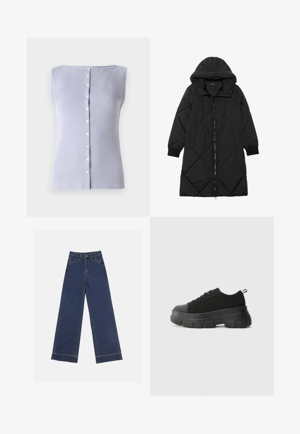 Svart quiltet puffjakke med hette, med glidelås, sidelommer og elastiske mansjetter. Glatt, vannavvisende stoff.; Lys lilla ribbet ermeløs topp med rund hals og knappestolpe foran som har syv små hvite knapper.; Videbenede dressbukser i mørkeblå denim. Har fem lommer, beltestropper og en rå kant i bunden med synlige stikninger.; Svarte sneakers med en kraftig gummisåle, teksturert stoffoverdel, rund tå og snøring. Har forsterkede snørehull og bakre trekkstang.