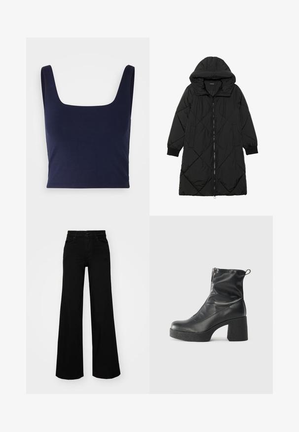 Juodas siūtais pūkų paltas su gobtuvu, turintis užtrauktuką, šonines kišenes ir elastines rankoves. Lygus, vandeniui atsparus audinys.; Tamsiai mėlynas trumpas palaidinukas, pagamintas iš lygaus medvilnės audinio, su kvadratine iškirpte ir plačiomis petnešėlėmis, turintis prigludusį siluetą.; Juodos plačios kelnės iš denimo, turinčios struktūruotą juosmenį, diržo kilpas ir priekines kišenes. Lygus paviršius su klasikinio dizaino elementais.; Juodos kulkšninių botai, pagaminti iš lygaus odos, su šoniniu užtrauktuku, masyviu tekstūruotu kulnu ir apvaliu pirštu.