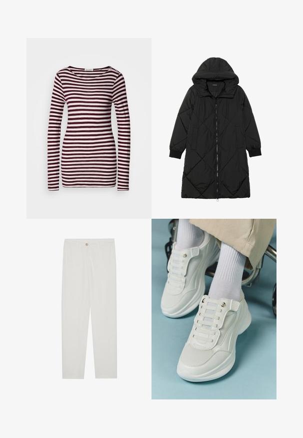 Crna tkanina sa štepom puffer kaput s kapuljačom, sa zatvaračem na zip, bočnim džepovima i elastičnim manžetama. Glatka, vodootporna tkanina.; Dug dug s rukavima s brodskim izrezom, s horizontalnim prugama u tamnocrvenoj i bijeloj boji. Mekana, lagana tkanina s prilagođenim oblikom.; Bijele, krojene hlače ravnog kroja, s kopčanjem na dugme, petljama za remen i bočnim džepovima; glatka tekstura tkanine.; Bijele tenisice s mrežastim materijalom, gumeni potplat, dizajn bez vezica s elastičnim trakama i zlatnim detaljima.