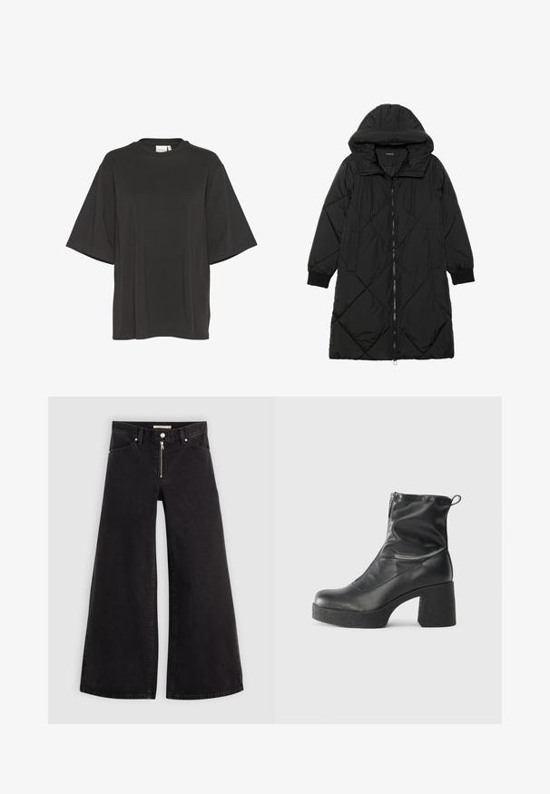 Melnas quiltētas pūkara mētelis ar kapuci, ar rāvējslēdzēja aizdari, sānu kabatām un elastīgām aprocēm. Gluda, ūdensizturīga auduma.; Gestuz SIMMA TEE - Pamata T-krekls - black; Platas kājas džinsi melnā džinsa audumā ar rāvējslēdzēju priekšā, piecu kabatu dizains un smalkas šuvju detaļas. Gluda tekstūra un ikdienišķs stils.; Melni potītes zābaki, kas izgatavoti no gludas ādas, ar sānu rāvējslēdzēju, masīvu strukturētu papēdi un noapaļotu purngalu.