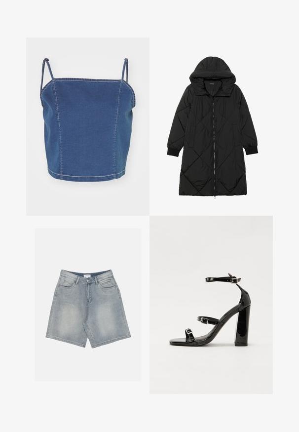 Casaco puffer acolchoado preto com capuz, apresentando um fecho de correr, bolsos laterais e punhos elásticos. Tecido suave e à prova d'água.; Top cropped de ganga azul com alças finas, apresentando um design ajustado e detalhes de costura expostos ao longo das costuras.; Calções de ganga em azul claro com um acabamento desbotado. Apresenta um fecho por botão, cinco bolsos e um design de perna reta.; Sandálias de tacão preto laqueadas com bico quadrado, tiras para o tornozelo e fivelas prateadas. Apresentam um salto bloco chunky para estabilidade.