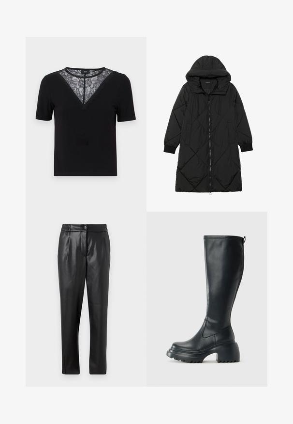 Czarna pikowana kurtka puchowa z kapturem, z zapięciem na zamek, bocznymi kieszeniami i elastycznymi mankietami. Gładki, wodoodporny materiał.; Czarna koszulka z krótkim rękawem z koronkowym dekoltem w kształcie litery V i falbanką, o żebrowanej fakturze i dopasowanym fasonie.; Czarne skórzane spodnie o gładkiej fakturze, prostym kroju, elastycznym pasie i zapięciu na guzik z przodu; z plisowanymi detalami i zwężanymi nogawkami.; Wysokie czarne skórzane botki z masywną platformą i słupkowym obcasem, z uchwytem i teksturowanym bieżnikiem na podeszwie.