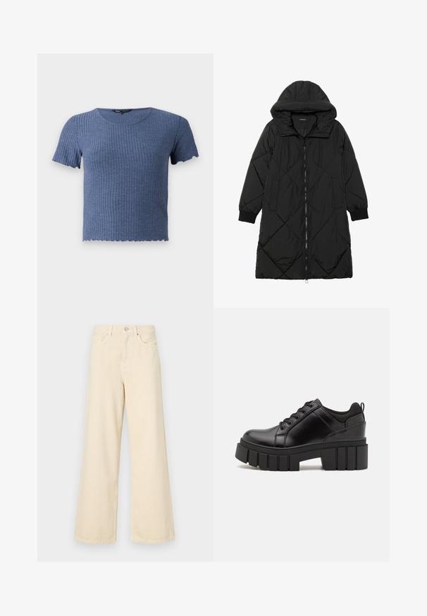 Casaco puffer acolchoado preto com capuz, apresentando um fecho de correr, bolsos laterais e punhos elásticos. Tecido suave e à prova d'água.; Camisola azul de mangas curtas com decote redondo e bainha rendilhada. Feita de um tecido macio e texturizado, com um design ajustado.; Jeans de perna larga bege feitos de algodão. Apresentam um fecho de botão, passadores para cinto e bolsos frontais com uma textura lisa e suave.; Sapatos de plataforma em couro preto com um salto bloco robusto, bico redondo e design clássico de atacadores. Apresentam uma textura suave e detalhes mínimos.