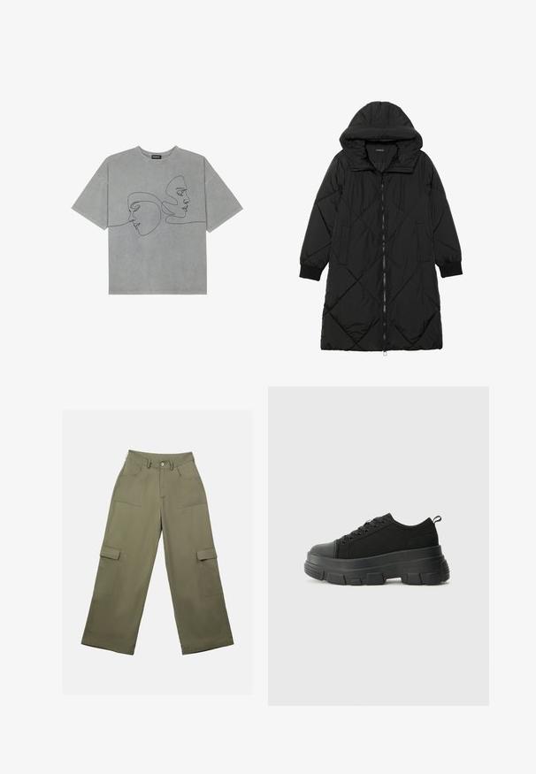 Black quilted puffer coat with a hood, featuring a zip closure, side pockets, and elastic cuffs. Smooth, water-resistant fabric.; Gray cotton T-shirt with short sleeves, featuring minimalistic black line art of two faces on the front, round neckline, and relaxed fit.; Olive green cargo pants with a high waist, wide legs, and two large side pockets. Made of smooth fabric with a button closure.; Black sneakers with a chunky rubber sole, textured fabric upper, round toe, and lace-up design. Features reinforced eyelets and back pull tab.
