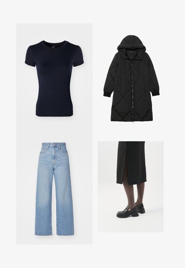 Melnas quiltētas pūkara mētelis ar kapuci, ar rāvējslēdzēja aizdari, sānu kabatām un elastīgām aprocēm. Gluda, ūdensizturīga auduma.; Tumši zils īsām piedurknēm t-krekls, kas izgatavots no gludas, stiepjamas auduma. Tam ir apaļa kakla izgriezums un pieguļoša silueta. Bez rakstiem vai apdares.; Gaiši zili augstās jostas vidukļa platās bikses ar priekšējo pogu un rāvējslēdzēju, priekšējām un aizmugurējām kabatām uz baltā fona.; Melni ādas apavi ar noapaļotu purngalu, biezām bloku papēžiem un elastīgiem sānu akcentiem, apvienoti ar tumšām zeķubiksēm un melnu svārku ar šķirbu.