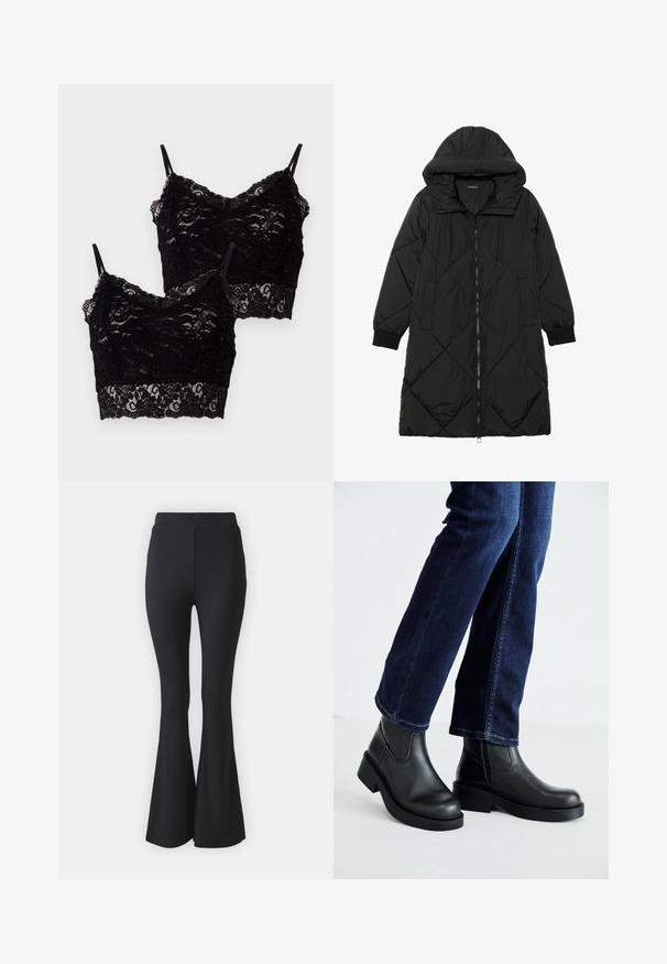 Casaco puffer acolchoado preto com capuz, apresentando um fecho de correr, bolsos laterais e punhos elásticos. Tecido suave e à prova d'água.; Duas braletes de renda preta com alças finas, padrão floral e bordas rendadas, dispostas uma sobre a outra com um fundo branco.; Calças pretas de boca de sino feitas de tecido elástico. Apresentam uma cintura alta e um design suave e ajustado que se alarga a partir do joelho para baixo.; Botas de tornozelo de couro preto com sola grossa e painéis elásticos laterais, combinadas com jeans azul escuro. O chão é de cor clara.