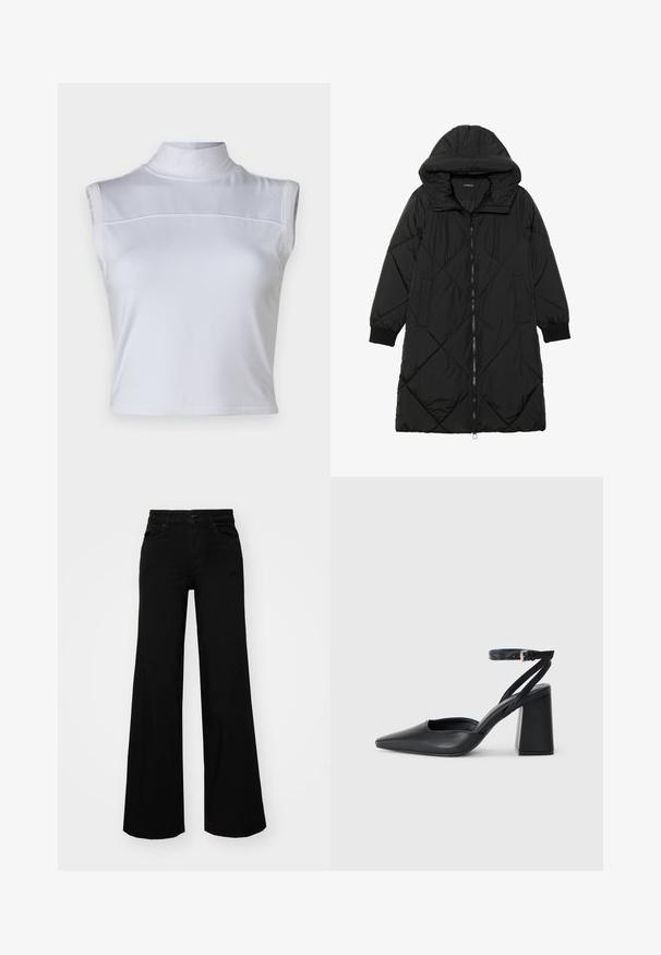 Μαύρο πλεκτό μπουφάν με κουκούλα, που διαθέτει κλείσιμο με φερμουάρ, πλαϊνές τσέπες και ελαστικούς καρπούς. Λείο, αδιάβροχο ύφασμα.; Λευκό αμάνικο τοπ με ψηλό λαιμό, λεία υφή και cropped σχέδιο. Διαθέτει οριζόντια ραφή στο στήθος.; Μαύρο παντελόνι με φαρδιά μπατζάκια από τζίν, με δομημένη μέση, θηλιές ζώνης και μπροστινές τσέπες. Λείος υφασμάτινος σχεδιασμός με κλασική εμφάνιση.; Μαύρο δερμάτινο ψηλοτάκουνο παπούτσι με οξύ μυτερό τόξο, λουράκι στον αστράγαλο και χοντρό τακούνι. Λείος υφασματισμός, κομψός σχεδιασμός και μινιμαλιστική αισθητική.