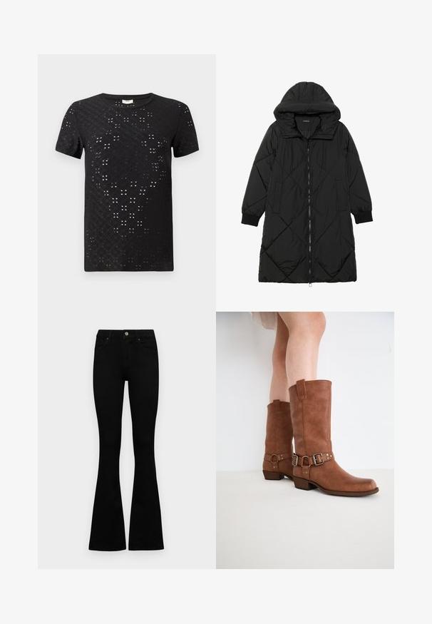 Casaco puffer acolchoado preto com capuz, apresentando um fecho de correr, bolsos laterais e punhos elásticos. Tecido suave e à prova d'água.; T-shirt preto de manga curta com um padrão texturizado de recortes e design de gola redonda. Feito de tecido leve com um corte solto.; Jeans pretos de cintura alta com fecho de botão e zíper, bolsos frontais e pernas largas dispostos em cima de um fundo branco.; Botas de tornozelo em couro castanho com bico ligeiramente apontado, fivelas decorativas e um salto baixo empilhado. Textura suave com um acabamento mate.