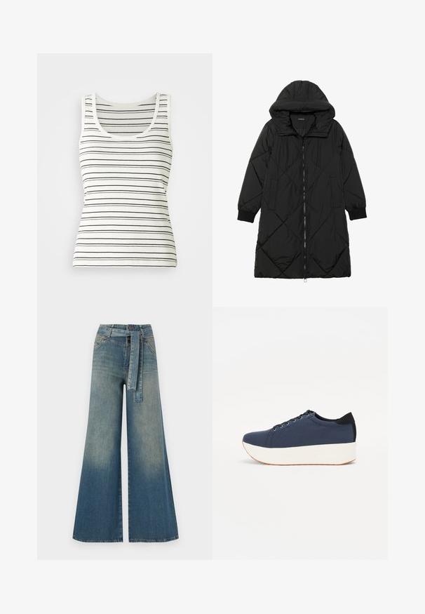 Manteau matelassé noir avec capuche, doté d'une fermeture éclair, de poches latérales et de poignets élastiques. Tissu lisse et résistant à l'eau.; Débardeur rayé en blanc cassé avec de fines rayures horizontales noires. Présente un décolleté rond et une texture côtelée. Design sans manches classique.; Pantalons en denim à jambe large présentant un dégradé de bleu clair à bleu foncé, taille haute, passants de ceinture et une ceinture en tissu assortie. Finition en denim texturé.; Baskets bleu marine avec un upper en tissu texturé, semelle plateforme blanche, bout arrondi et accent noir au talon. Dispose de six œillets pour les lacets.