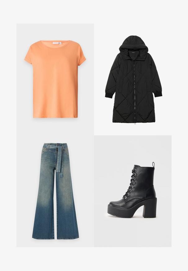 Cappotto imbottito nero trapuntato con cappuccio, caratterizzato da chiusura con zip, tasche laterali e polsini elastici. Tessuto liscio e resistente all'acqua.; T-shirt a maniche corte di colore arancione chiaro, realizzato in morbido cotone. Presenta un collo rotondo e maniche arrotolate, con un orlo dritto.; Pantaloni in denim a gamba larga con una sfumatura che va dal blu chiaro al blu scuro, vita alta, passanti per cintura e una cintura in tessuto coordinato. Finitura in denim strutturato.; Stivale alla caviglia in pelle nera con tacco alto e massiccio, parte anteriore con lacci e superficie texturizzata. Presenta un'etichetta sul retro per una facile calzata.