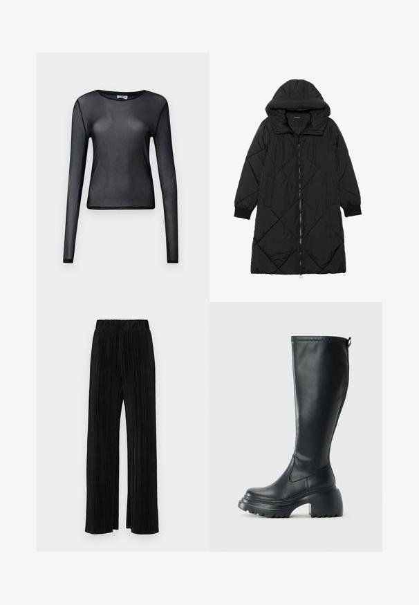 Černá prošívaná péřová bunda s kapucí, vybavená zipovým zapínáním, bočními kapsami a elastickými manžetami. Hladká, voděodolná tkanina.; Černý top s dlouhým rukávem vyrobený z průhledného materiálu, s kulatým výstřihem a slim fit střihem, s jemně zakončenými lemy.; Černé plisované kalhoty s elastickým pasem. Mají široké nohavice a hladkou, strukturovanou tkaninu s vertikálními pruhy.; Vysoká černá kožená bota s masivní platformou a blokovým podpatkem, s poutkem a texturovaným vzorkem na podrážce.
