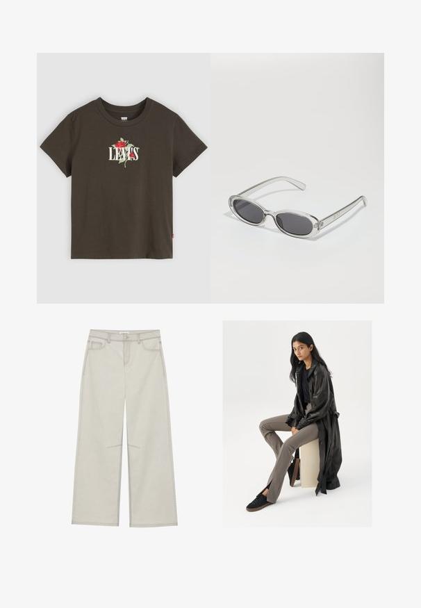 Casaco puffer acolchoado preto com capuz, apresentando um fecho de correr, bolsos laterais e punhos elásticos. Tecido suave e à prova d'água.; T-shirt de algodão castanha de manga curta com texto branco "LEVI'S" e bordado de rosa vermelha na frente. Design clássico com gola redonda.; Calças largas de um cinza claro com cinco bolsos, fecho frontal com botão e costuras em contraste ao longo das emendas. O tecido parece suave e durável.; Casaco trench de couro preto, blusa preta ajustada, calças ajustadas bege e ténis pretos. Modelo senta-se em um cubo, com cabelos longos e lisos.; Óculos de sol com formato oval, armação de plástico transparente, lentes cinza-escuro e hastes finas transparentes com detalhes do logótipo e um design minimalista.