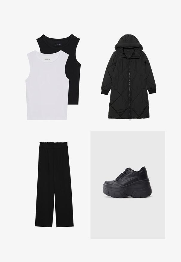 Black quilted puffer coat with a hood, featuring a zip closure, side pockets, and elastic cuffs. Smooth, water-resistant fabric.; Two sleeveless tops in black and white, made of ribbed cotton, featuring round necklines and a fitted design. Labels visible on both.; Black wide-leg trousers with a ruffled waistband, featuring two side pockets and a smooth, lightweight fabric. No visible patterns or hardware.; Black lace-up sneakers with a chunky sole, featuring smooth leather upper, rounded toe, and distinct layered platform design.