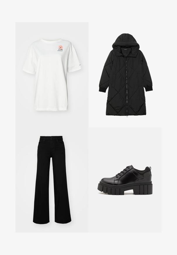 Črna prešita puffer jakna s kapuco, ki ima zadrgo, stranske žepe in elastične manšete. Gladek, vodoodporen material.; Bela kratka majica s kratkimi rokavi, izdelana iz bombaža, s pink cvetličnim vzorcem in majhnim črnim logotipom na levem prsnem predelu.; Črne široke denim hlače s strukturiranim pasom, z zankami za pas in sprednjimi žepi. Gladka tekstura s klasičnim dizajnom.; Črne usnjene platforme z debelim blokastim petam, okroglo konico in klasičnim vezanjem. Imajo gladko teksturo in minimalne podrobnosti.