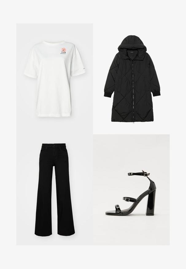 Czarna pikowana kurtka puchowa z kapturem, z zapięciem na zamek, bocznymi kieszeniami i elastycznymi mankietami. Gładki, wodoodporny materiał.; Biała koszulka z krótkim rękawem wykonana z bawełny, z różowym kwiatowym wzorem i małym czarnym logo na lewej piersi.; Czarne szerokie spodnie dżinsowe z usztywnionym pasem, szlufkami na pasek i kieszeniami z przodu. Gładka faktura o klasycznym fasonie.; Czarne lakierowane sandały na obcasie z kwadratowym noskiem, z paskami wokół kostki i srebrnymi klamrami. Posiadają masywny słupek dla stabilności.