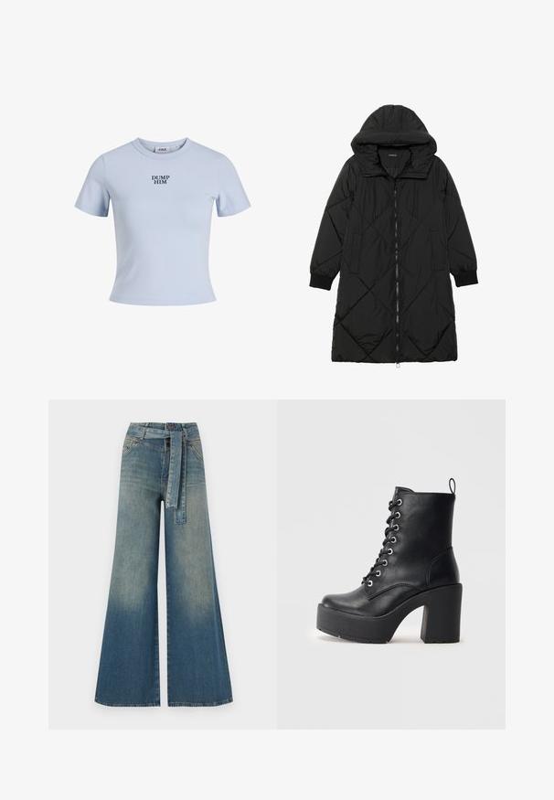 Czarna pikowana kurtka puchowa z kapturem, z zapięciem na zamek, bocznymi kieszeniami i elastycznymi mankietami. Gładki, wodoodporny materiał.; Jasnoniebieska krótko-sleeve koszulka z miękkiego materiału. Posiada okrągły dekolt oraz napis "DUMP HIM" wydrukowany grubym granatowym kolorem.; Szerokie spodnie dżinsowe z gradientem od jasnoniebieskiego do ciemnoniebieskiego, wysokim stanem, szlufkami na pasek oraz pasującym paskiem z tkaniny. Teksturowany wykończenie dżinsu.; Czarne skórzane botki za kostkę z grubym słupkowym obcasem, sznurowanym przodem i teksturowaną powierzchnią. Posiadają pętelkę z tyłu dla łatwego zakładania.