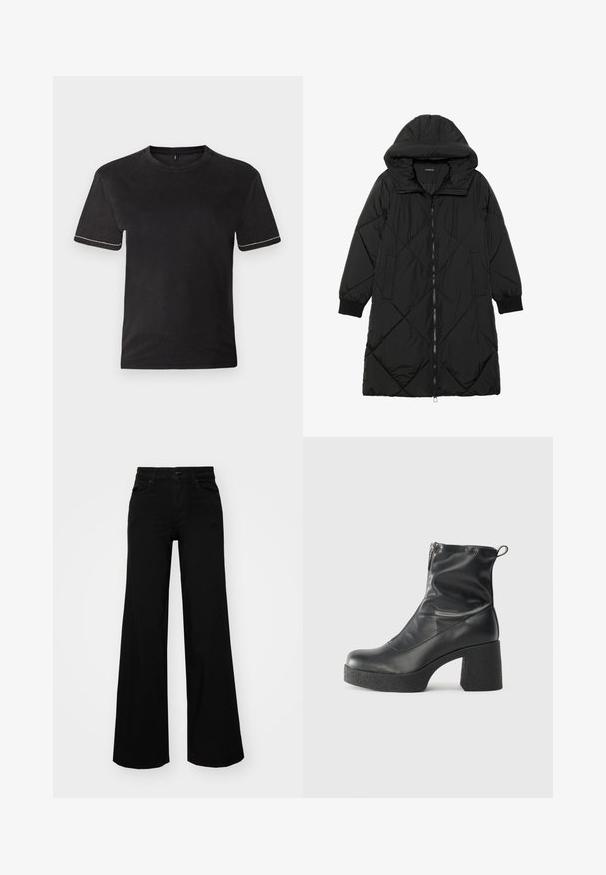 Crna tkanina sa štepom puffer kaput s kapuljačom, sa zatvaračem na zip, bočnim džepovima i elastičnim manžetama. Glatka, vodootporna tkanina.; Crni pamučni majica s kratkim rukavima, okruglim izrezom i kontrastnim bijelim šavovima na rubovima rukava. Glatka tekstura, opušteni kroj.; Crne široke traperice s čvrstim pojasom, petljama za remen i prednjim džepovima. Gladak teksturirani materijal s klasičnim dizajnom.; Crne gležnjače od glatke kože, s bočnim zatvaračem, debelim teksturiranim potplatom i dizajnom s zaobljenim prstima.