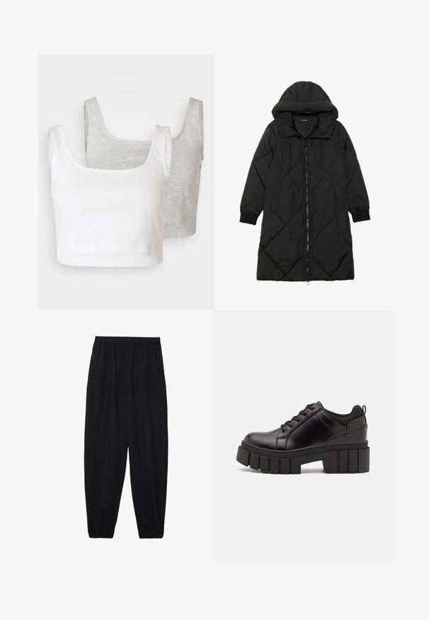 Cappotto imbottito nero trapuntato con cappuccio, caratterizzato da chiusura con zip, tasche laterali e polsini elastici. Tessuto liscio e resistente all'acqua.; Due top cropped: uno bianco in tessuto a coste; uno grigio chiaro con texture mélange. Entrambi hanno spalline larghe e scollo rotondo.; Pantaloni neri leggeri con vita elastica e caviglie arricciate. Il tessuto è liscio e presenta un design rilassato e affusolato.; Scarpe platform in pelle nera con tacco a blocco robusto, punta rotonda e design tradizionale con lacci. Presentano una superficie liscia e dettagli minimi.