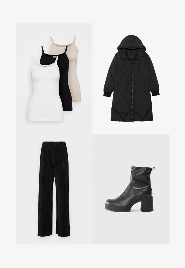 Casaco puffer acolchoado preto com capuz, apresentando um fecho de correr, bolsos laterais e punhos elásticos. Tecido suave e à prova d'água.; Três tops de alças femininos nas cores branca, preta e nude. Feitos de algodão suave, apresentam alças finas e um design justo.; Calças pregueadas pretas com uma cintura elástica. Apresentam pernas largas e um tecido liso, texturizado com riscas verticais.; Botas de tornozelo pretas feitas de couro liso, com fecho lateral, salto grosso texturizado e design de bico arredondado.