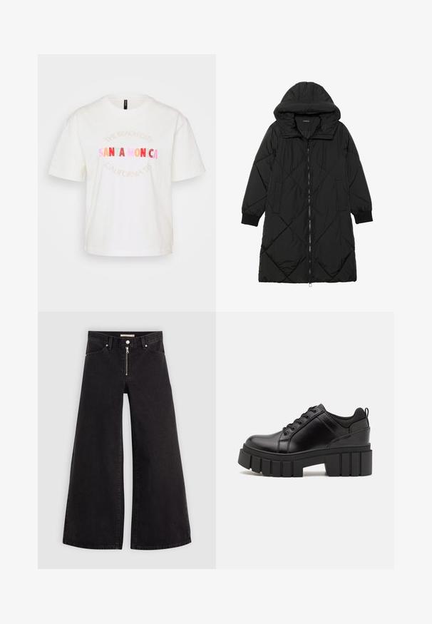 Černá prošívaná péřová bunda s kapucí, vybavená zipovým zapínáním, bočními kapsami a elastickými manžetami. Hladká, voděodolná tkanina.; Bílá bavlněná tričko s krátkými rukávy. Obsahuje pastelovou grafiku s textem "SANTA MONICA" a "CALIFORNIA '95" v různých barvách.; Džíny s širokými nohavicemi v černém denimovém provedení se zipem vpředu, pěti kapsami a jemnými švy. Hladká textura a ležérní styl.; Černé kožené platformové boty s masivním blokovým podpatkem, kulatou špičkou a tradičním šněrováním. Mají hladký povrch a minimální detaily.