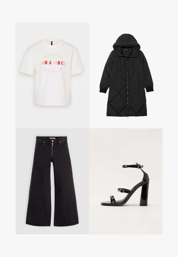 Sort quiltet pufferjakke med hætte, med lynlåslukning, sidelommer og elastiske manchetter. Glat, vandafvisende stof.; Hvid bomulds t-shirt med korteærmer. Har pastel grafisk tekst med teksten "SANTA MONICA" og "CALIFORNIA '95" i forskellige farver.; Vide ben jeans i sort denim med lynlås foran, fem lomme-design og subtile stikninger. Glat tekstur og afslappet stil.; Sorte patenterede hælsandaler med firkantet tå, ankelremme og sølvspænder. Har en chunky blokHæl for stabilitet.