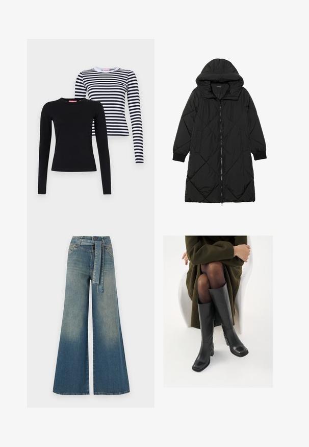 Svart quiltet puffjakke med hette, med glidelås, sidelommer og elastiske mansjetter. Glatt, vannavvisende stoff.; To lange ermer: en helsvart og en hvit med svarte horisontale striper. Begge har rund hals og tettsittende design.; Bredde ben jeans med en lyseblå til mørkeblå gradient, høyt liv, beltehemper og et matchende belte i samme stoff. Teksturert denimoverflate.; Knæhøye sorte lærstøvler med firkantet tå og blokkhelt, vist med en modell som sitter iført en olivengrønn kåpe. Glatt tekstur, minimal detaljering.