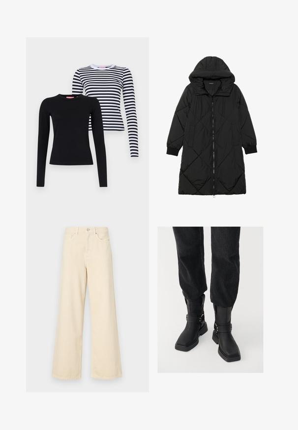 Crna tkanina sa štepom puffer kaput s kapuljačom, sa zatvaračem na zip, bočnim džepovima i elastičnim manžetama. Glatka, vodootporna tkanina.; Dva majice s dugim rukavima: jedna potpuno crna, a druga bijela s crnim horizontalnim prugama. Obe imaju okrugle izreze i prilagođeni su dizajn.; Bež traperice širokih nogavica napravljene od pamuka. Imaju zatvaranje na dugme, petlje za remen i prednje džepove s glatkom, mekanom teksturom.; Crne kožne čizme do gležnja s квадратnim vrhom, sadrže široku traku i detalj metalne kopče. Čizme imaju debeli đon i glatku teksturu.
