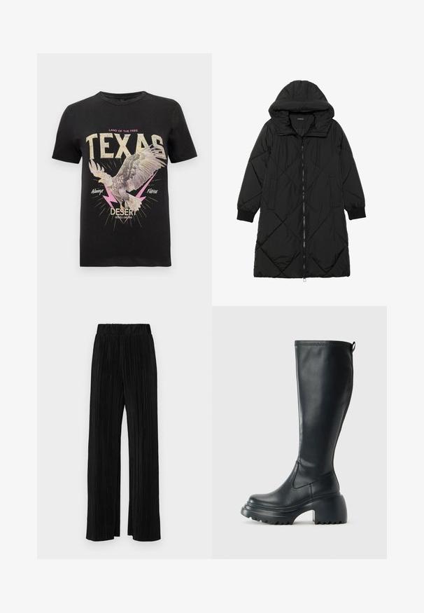 Svart vadderad jacka med huva, med dragkedja, sidofickor och elastiska ärmslut. Slät, vattenavvisande tyg.; Svart bomulls T-shirt med en grafik av en hök, fet text "TEXAS" i kräm och rosa, blixtaccent och en vintage-design.; Svarta plisserade byxor med resårmidja. Har vida ben och ett mjukt, texturerat material med vertikala ränder.; Höga svarta läderstövlar med kraftig plattformssula och blockklack, med dragflik och strukturerat mönster på yttersulan.