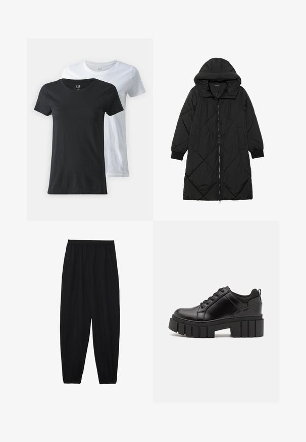 Czarna pikowana kurtka puchowa z kapturem, z zapięciem na zamek, bocznymi kieszeniami i elastycznymi mankietami. Gładki, wodoodporny materiał.; Dwie koszulki z okrągłym dekoltem, jedna czarna, a druga biała, wykonane z bawełnianej tkaniny. Krótkie rękawy, gładka faktura i standardowy krój.; Czarne, lekkie spodnie z elastycznym pasem i ściągaczami na kostkach. Materiał jest gładki i ma luźny, zwężany krój.; Czarne skórzane buty na platformie z masywnym słupkowym obcasem, okrągłym noskiem i klasycznym sznurowaniem. Posiadają gładką teksturę i minimalne wykończenia.
