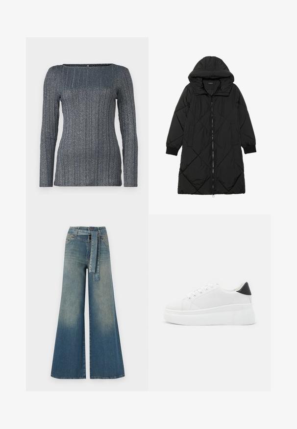 Juodas siūtais pūkų paltas su gobtuvu, turintis užtrauktuką, šonines kišenes ir elastines rankoves. Lygus, vandeniui atsparus audinys.; Ilga rankovė, prigludusi palaidinė tamsiai mėlyna spalva su vertikaliu dryžuotu tekstūru ir subtiliais metaliniais siūlais. Kvadratinis iškirpimas. Minkšta, elastinga medžiaga.; Platus džinsinis kelnes su šviesiai tamsiai mėlynu gradientu, aukštu juosmeniu, diržo kilpomis ir atitinkančiu audinio diržu. Textūruotas džinsinis paviršius.; Balti platforminiai sportbačiai, pagaminti iš lygios sintetinio audinio, su apvaliu pirštu, raištelių užsegimu ir tekstūruota guma padanga. Juodas kulno akcentas.