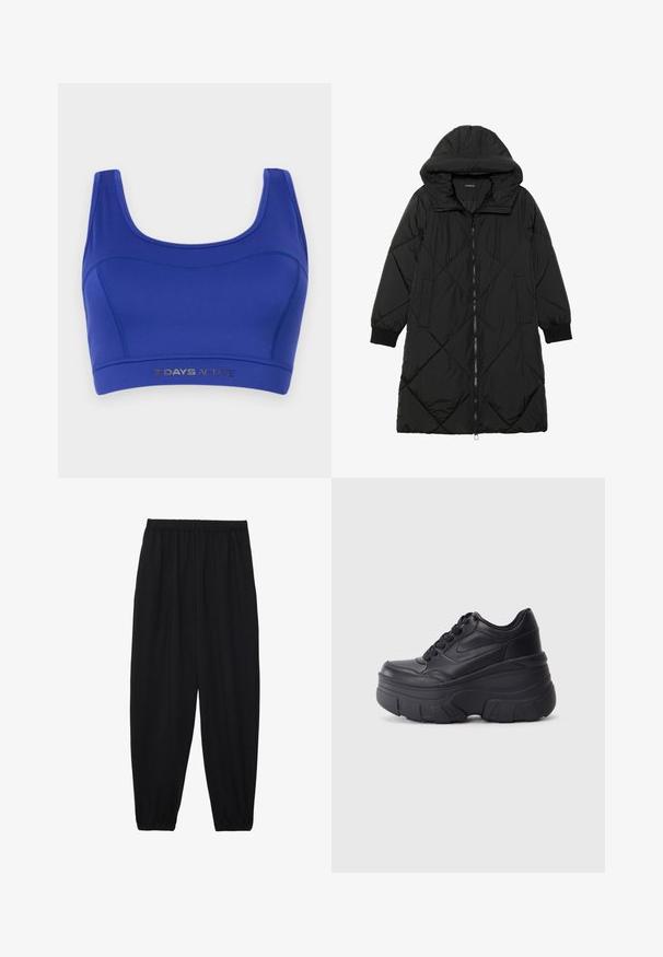 Melnas quiltētas pūkara mētelis ar kapuci, ar rāvējslēdzēja aizdari, sānu kabatām un elastīgām aprocēm. Gluda, ūdensizturīga auduma.; Zila sporta krūšturis, izgatavots no elastīga auduma. Tam ir izgriezums ar apaļu kaklu, platas siksnas un zemā elastīgā josla ar uzrakstu "7 DAYS ACTIVE" sudraba krāsā.; Melnas, vieglas bikses ar elastīgu jostu un savilktiem potītiem. Audums ir gluds un to raksturo brīva, sašaurināta forma.; Melni šņorējami sporta apavi ar biezu zoli, ar gludu ādas augšdaļu, noapaļotu purngalu un izteiktu slāņveida platformas dizainu.