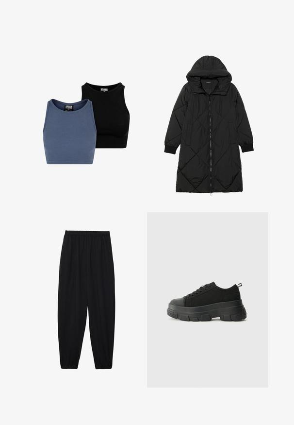 Črna prešita puffer jakna s kapuco, ki ima zadrgo, stranske žepe in elastične manšete. Gladek, vodoodporen material.; Dva rebrasta kratka topa v modri in črni barvi, s krožnimi izrezami in oprijetim krojem, narejena iz raztegljivega materiala za udoben fit.; Črne, lahke hlače z elastičnim pasom in nabranimi gležnji. Tkanina je gladka in ima sproščen, taperiran dizajn.; Črne teniske z debelim gumijastim podplatom, zgornji del iz teksturirane tkanine, okrogla punta in zavezovanje z vrvicami. Vključujejo ojačane luknje za vrvice in zanko na hrbtu.