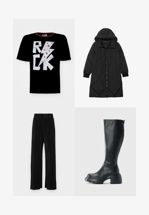 Black quilted puffer coat with a hood, featuring a zip closure, side pockets, and elastic cuffs. Smooth, water-resistant fabric.; Black t-shirt featuring a white and red lightning bolt design with "ROCK" text, embellished with red stars. Crew neck with contrasting trim.; Black pleated trousers with an elastic waistband. Features wide legs and a smooth, textured fabric with vertical stripes.; Tall black leather boot with chunky platform sole and block heel, featuring pull tab and textured tread on outsole.
